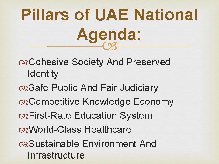 Pillars of UAE National Agenda: Cohesive Society And Preserved Identity Safe Public And Fair