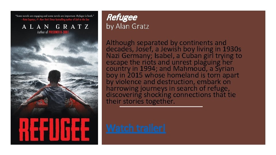 Refugee by Alan Gratz Although separated by continents and decades, Josef, a Jewish boy Refugee by Alan Gratz Although separated by continents and decades, Josef, a Jewish boy