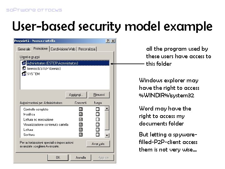 Software attacks User-based security model example all the program used by these users have