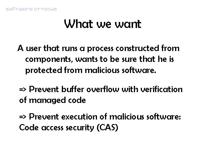 Software attacks What we want A user that runs a process constructed from components,