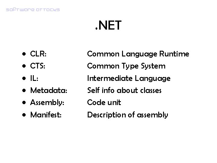 Software attacks . NET • • • CLR: CTS: IL: Metadata: Assembly: Manifest: Common