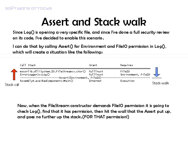 Software attacks Assert and Stack walk Since Log() is opening a very specific file,