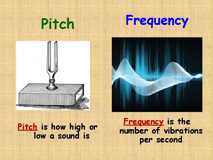 Pitch is how high or low a sound is Frequency is the number of