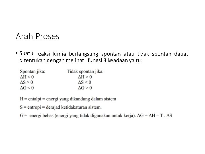 Arah Proses • Suatu reaksi kimia berlangsung spontan atau tidak spontan dapat ditentukan dengan