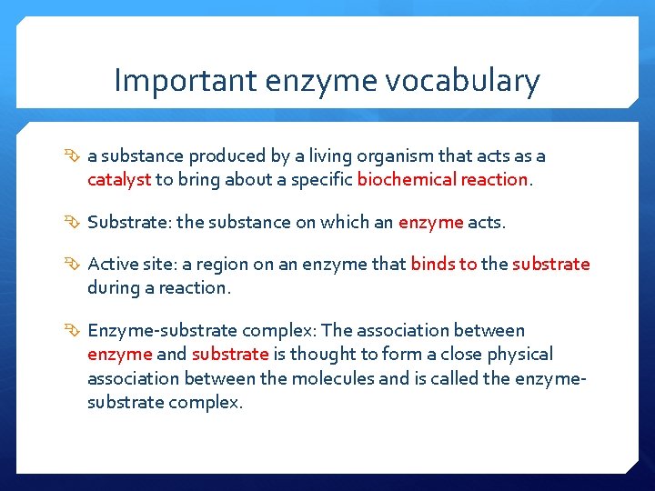 Important enzyme vocabulary a substance produced by a living organism that acts as a