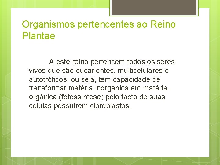 Organismos pertencentes ao Reino Plantae A este reino pertencem todos os seres vivos que