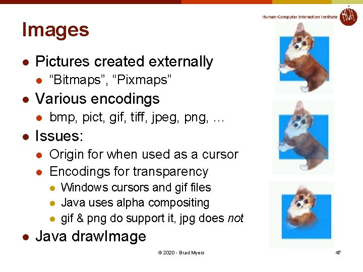 Images l Pictures created externally l l Various encodings l l “Bitmaps”, “Pixmaps” bmp,
