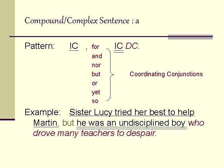 Compound/Complex Sentence : a Pattern: IC , for and nor but or yet so