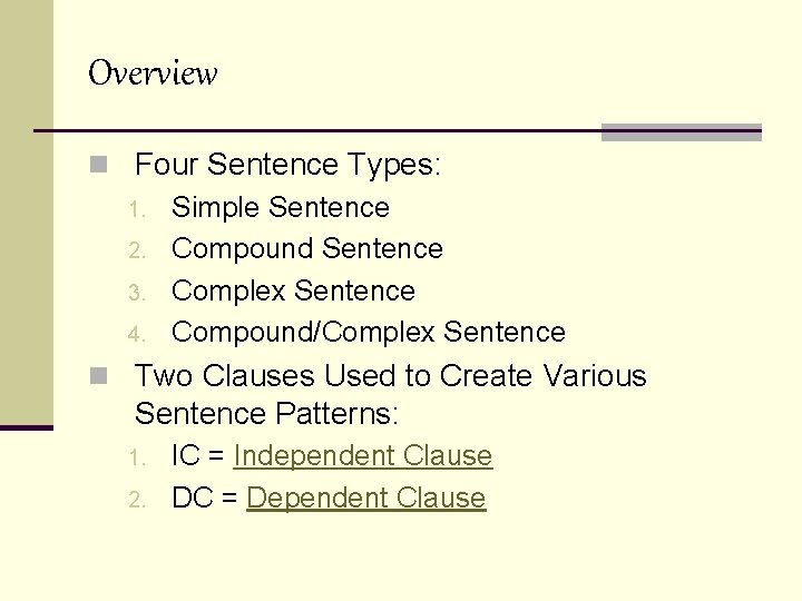 Overview n Four Sentence Types: 1. Simple Sentence 2. Compound Sentence 3. Complex Sentence