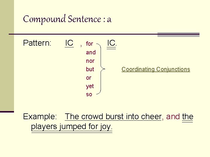 Compound Sentence : a Pattern: IC , for and nor but or yet so
