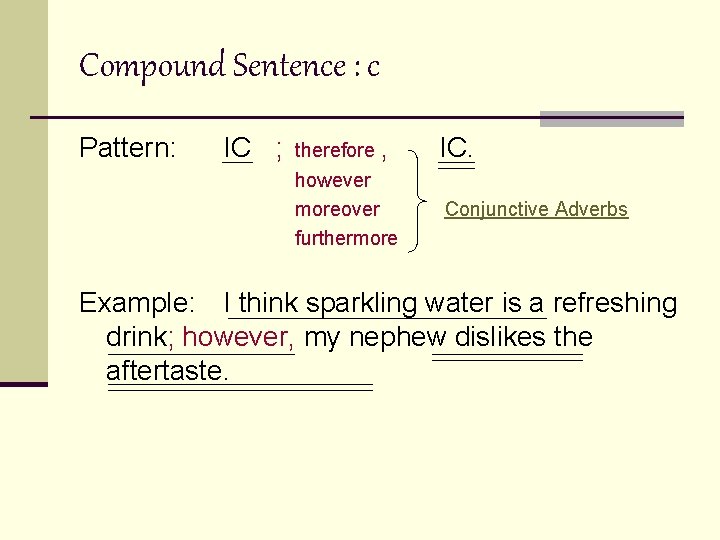 Compound Sentence : c Pattern: IC ; therefore , IC. however moreover furthermore Conjunctive