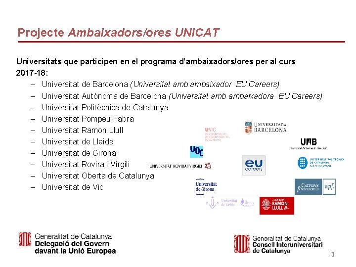 Projecte Ambaixadors/ores UNICAT Universitats que participen en el programa d’ambaixadors/ores per al curs 2017