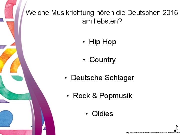 Welche Musikrichtung hören die Deutschen 2016 am liebsten? • Hip Hop • Country •