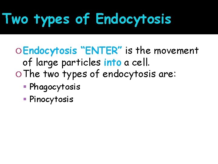 Two types of Endocytosis “ENTER” is the movement of large particles into a cell.