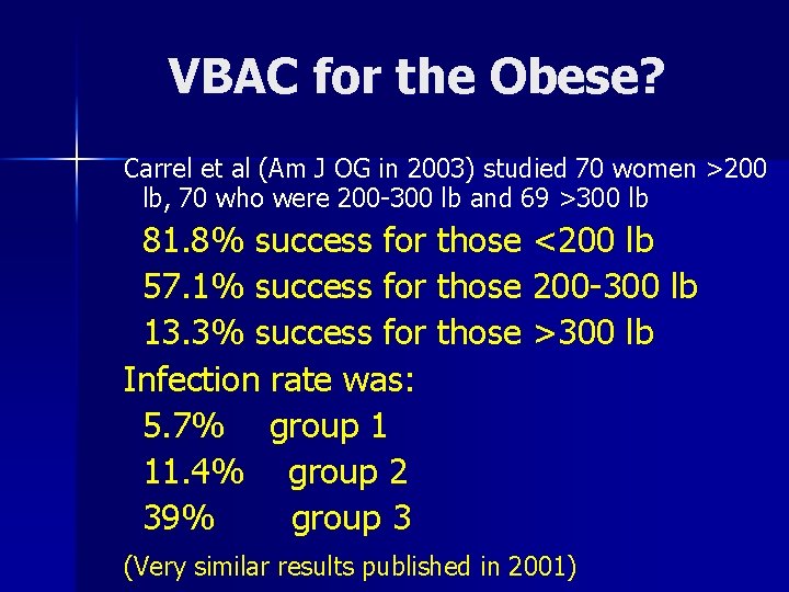 VBAC for the Obese? Carrel et al (Am J OG in 2003) studied 70