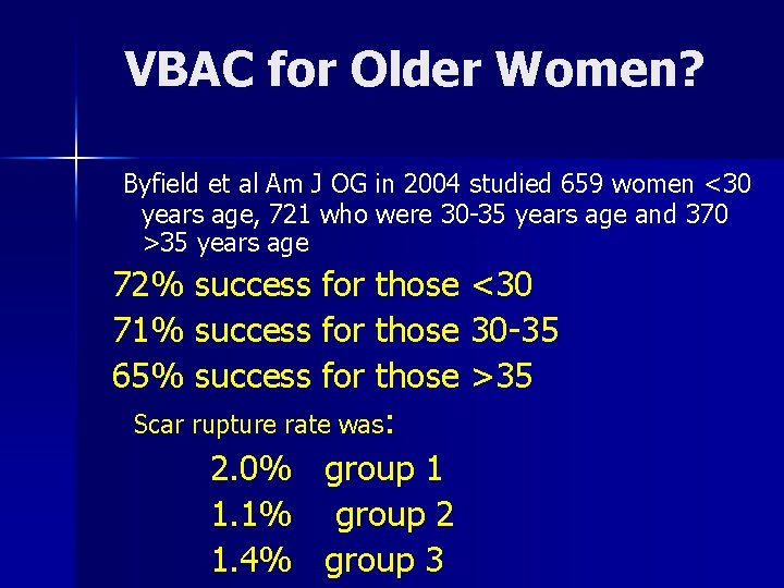 VBAC for Older Women? Byfield et al Am J OG in 2004 studied 659