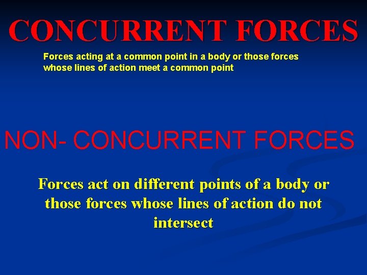 CONCURRENT FORCES Forces acting at a common point in a body or those forces