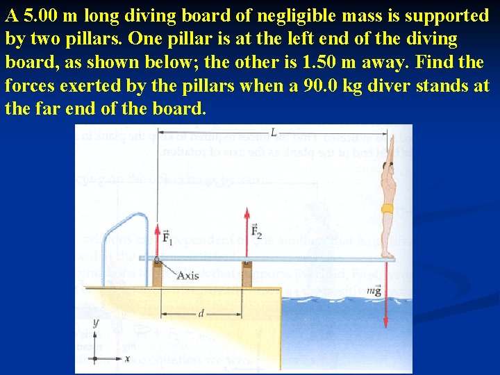 A 5. 00 m long diving board of negligible mass is supported by two