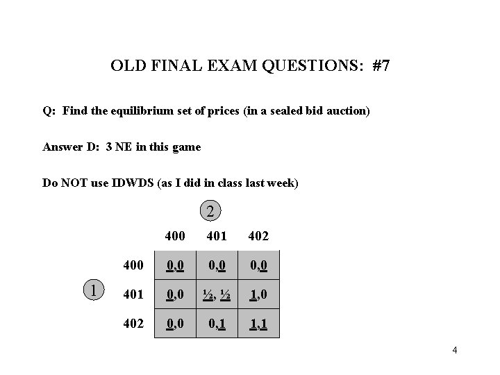 OLD FINAL EXAM QUESTIONS: #7 Q: Find the equilibrium set of prices (in a