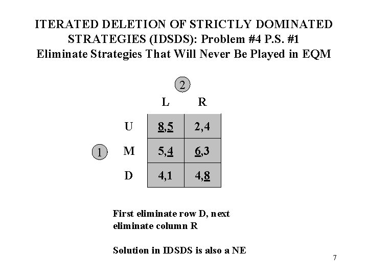 ITERATED DELETION OF STRICTLY DOMINATED STRATEGIES (IDSDS): Problem #4 P. S. #1 Eliminate Strategies