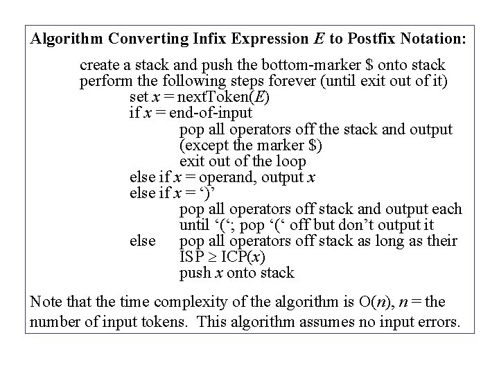 Algorithm Converting Infix Expression E to Postfix Notation: create a stack and push the