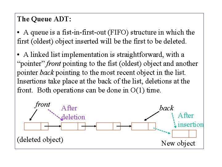 The Queue ADT: • A queue is a fist-in-first-out (FIFO) structure in which the