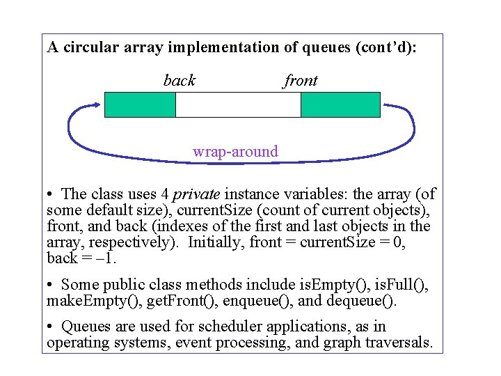 A circular array implementation of queues (cont’d): back front wrap-around • The class uses