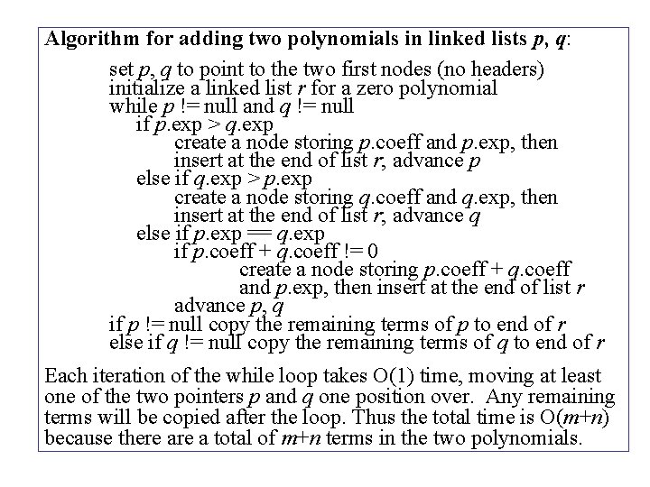 Algorithm for adding two polynomials in linked lists p, q: set p, q to