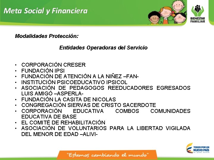 Meta Social y Financiera Modalidades Protección: Entidades Operadoras del Servicio • • • CORPORACIÓN
