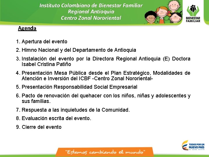 Instituto Colombiano de Bienestar Familiar Regional Antioquia Centro Zonal Nororiental Agenda 1. Apertura del