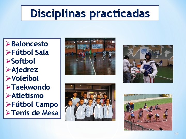 Disciplinas practicadas ØBaloncesto ØFútbol Sala ØSoftbol ØAjedrez ØVoleibol ØTaekwondo ØAtletismo ØFútbol Campo ØTenis de