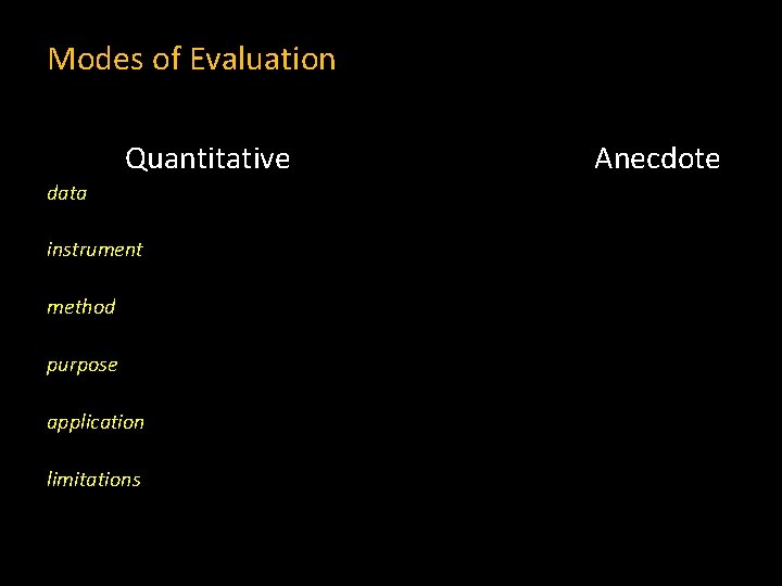 Modes of Evaluation Quantitative data instrument method purpose application limitations Anecdote 