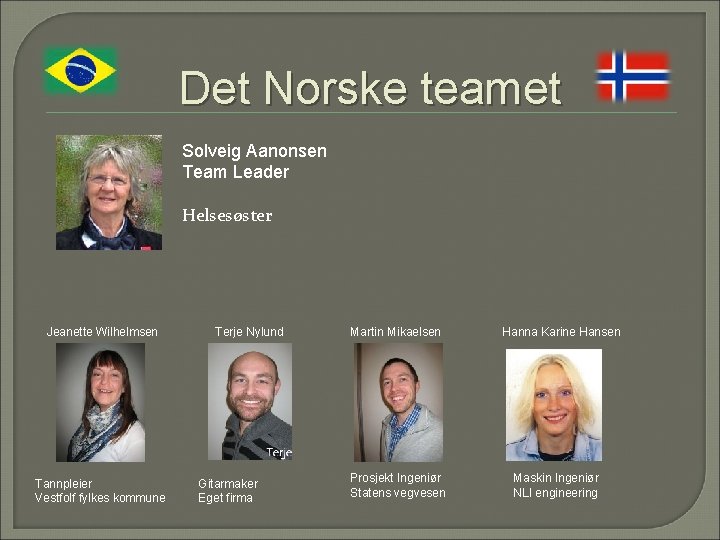 Det Norske teamet Solveig Aanonsen Team Leader Helsesøster Jeanette Wilhelmsen Tannpleier Vestfolf fylkes kommune