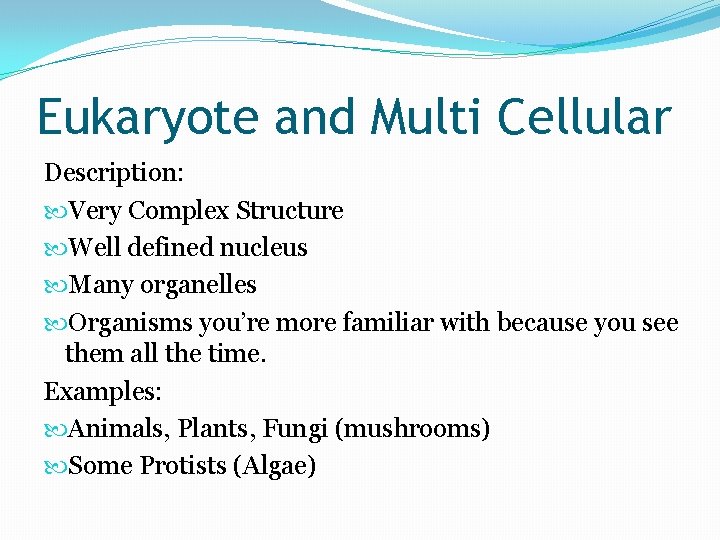 Eukaryote and Multi Cellular Description: Very Complex Structure Well defined nucleus Many organelles Organisms