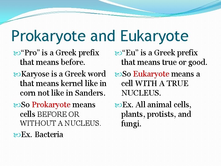 Prokaryote and Eukaryote “Pro” is a Greek prefix that means before. Karyose is a