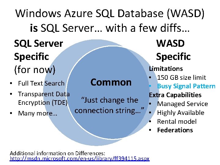 Windows Azure SQL Database (WASD) is SQL Server… with a few diffs… SQL Server