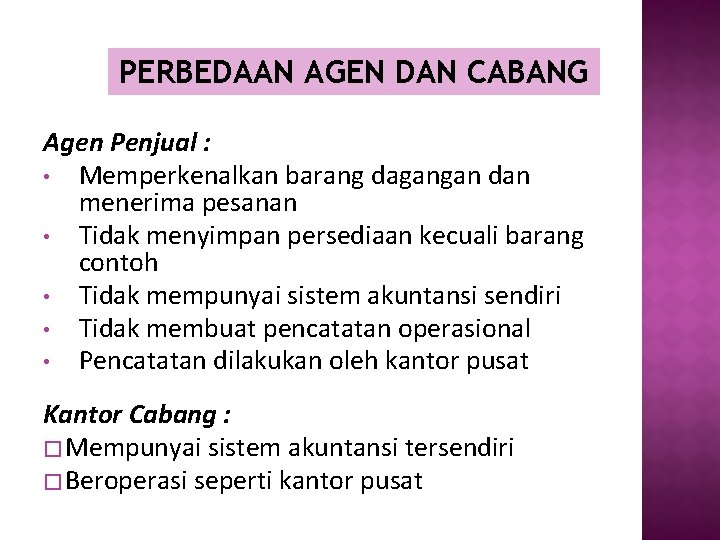 PERBEDAAN AGEN DAN CABANG Agen Penjual : • Memperkenalkan barang dagangan dan menerima pesanan