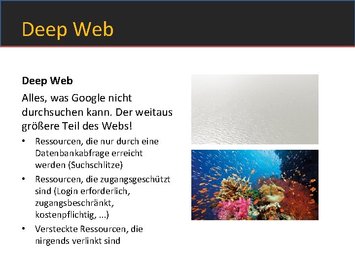 Deep Web Alles, was Google nicht durchsuchen kann. Der weitaus größere Teil des Webs!