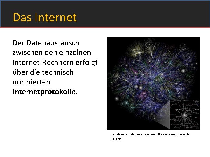 Das Internet Der Datenaustausch zwischen den einzelnen Internet-Rechnern erfolgt über die technisch normierten Internetprotokolle.