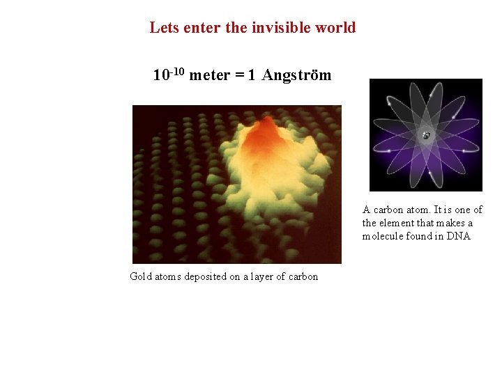Lets enter the invisible world 10 -10 meter = 1 Angström A carbon atom.