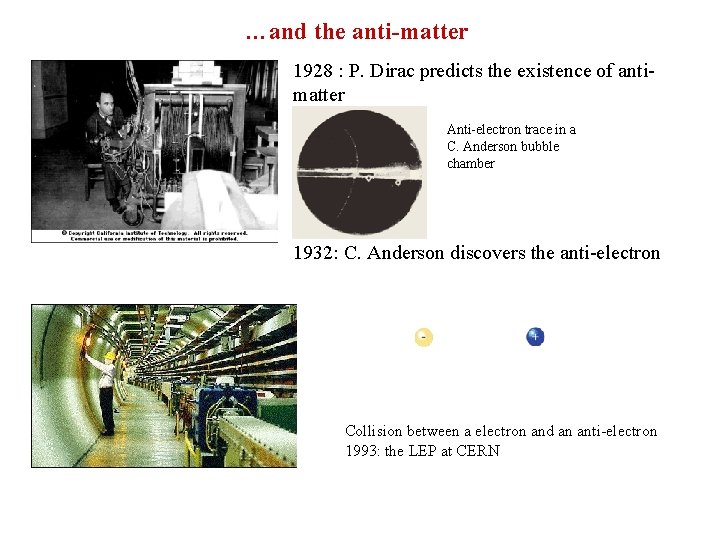 …and the anti-matter 1928 : P. Dirac predicts the existence of antimatter Anti-electron trace
