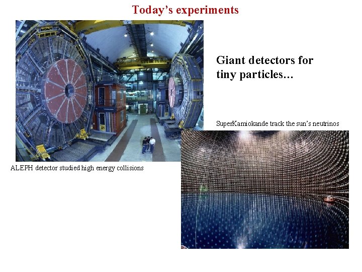 Today’s experiments Giant detectors for tiny particles… Super. Kamiokande track the sun’s neutrinos ALEPH