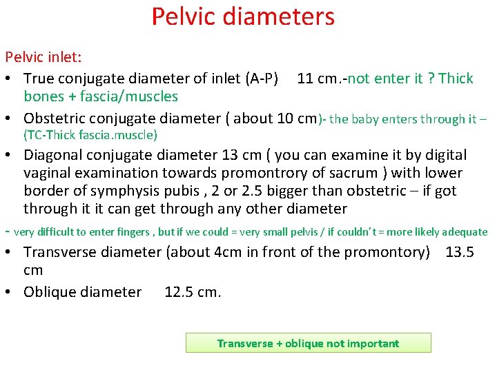Pelvic diameters Pelvic inlet: • True conjugate diameter of inlet (A-P) 11 cm. -not