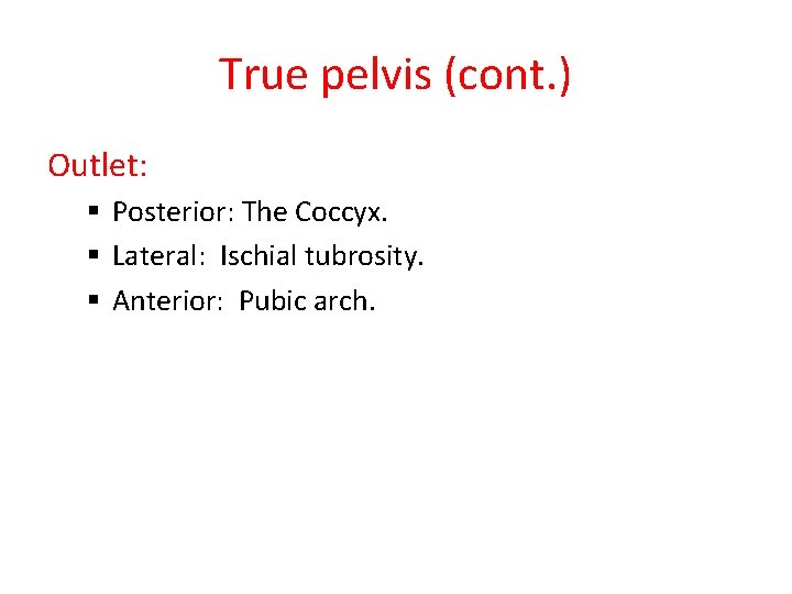 True pelvis (cont. ) Outlet: § Posterior: The Coccyx. § Lateral: Ischial tubrosity. §