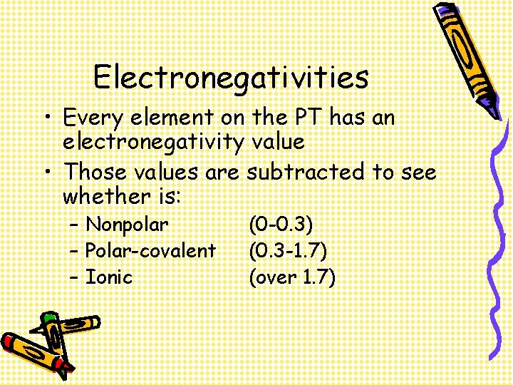 Electronegativities • Every element on the PT has an electronegativity value • Those values