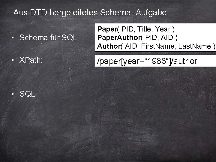 Aus DTD hergeleitetes Schema: Aufgabe • Schema für SQL: Paper( PID, Title, Year )