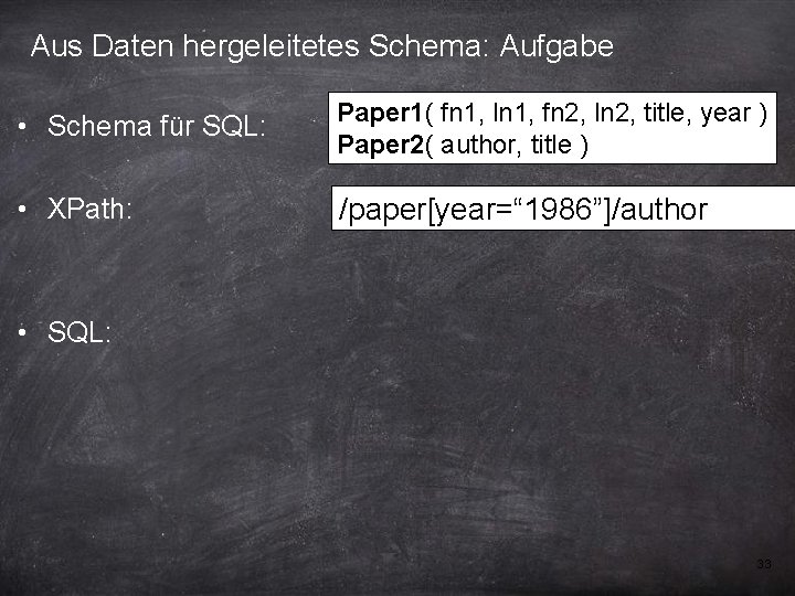 Aus Daten hergeleitetes Schema: Aufgabe • Schema für SQL: Paper 1( fn 1, ln