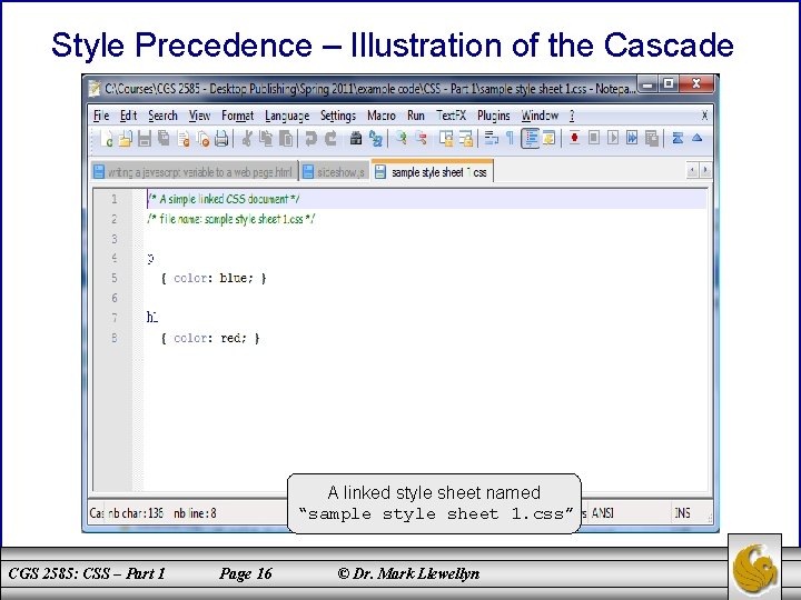 Style Precedence – Illustration of the Cascade A linked style sheet named “sample style