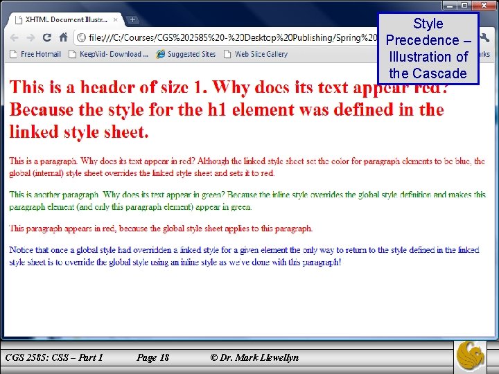 Style Precedence – Illustration of the Cascade CGS 2585: CSS – Part 1 Page