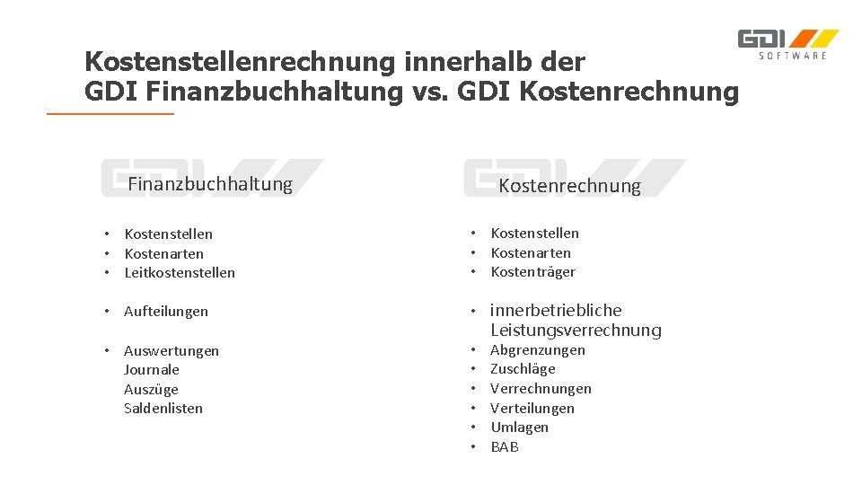 Kostenstellenrechnung innerhalb der GDI Finanzbuchhaltung vs. GDI Kostenrechnung Finanzbuchhaltung Kostenrechnung • Kostenstellen • Kostenarten